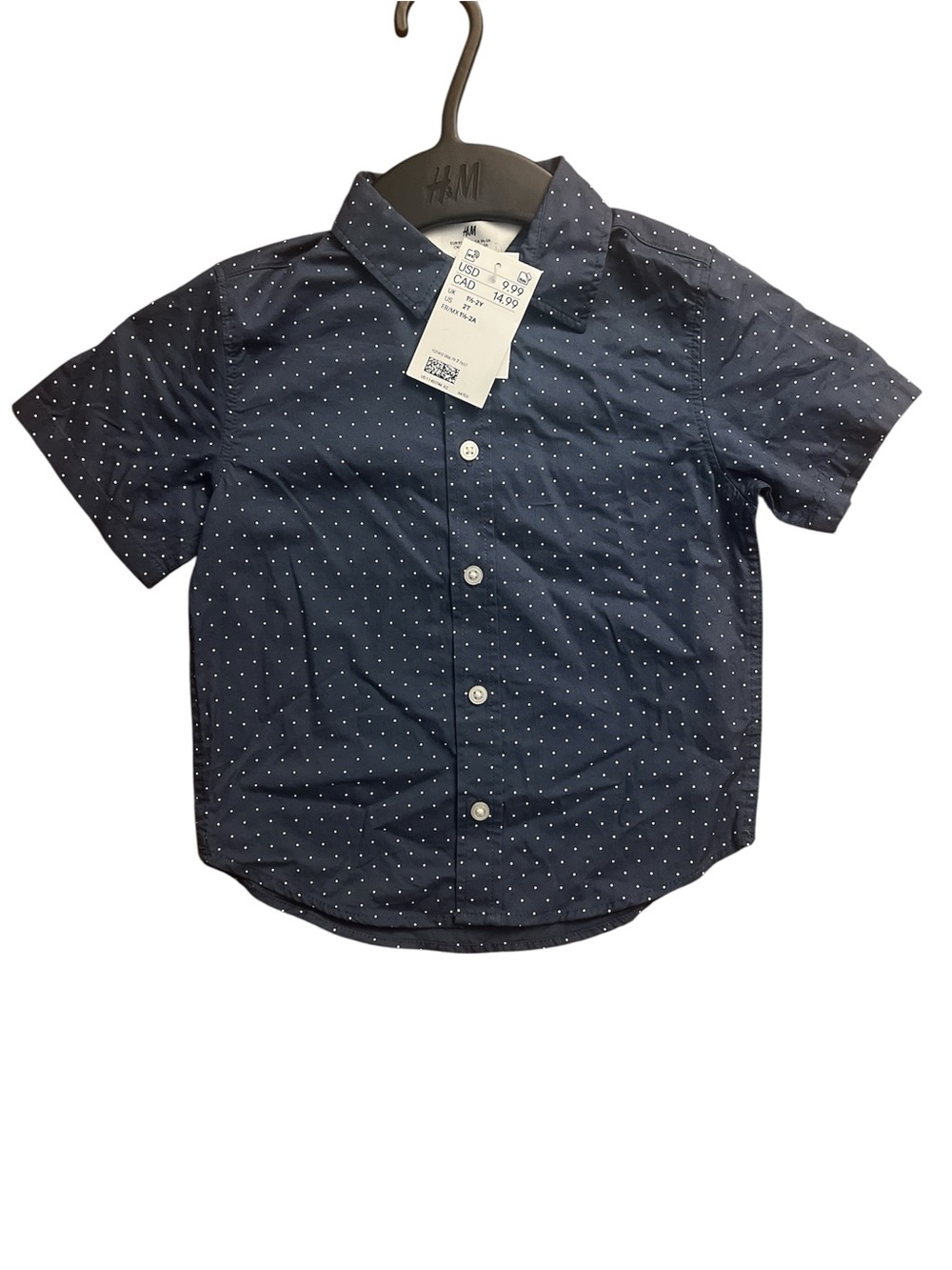 H&M Navy Short-Sleeve Button-Up with White Micro Dot Print